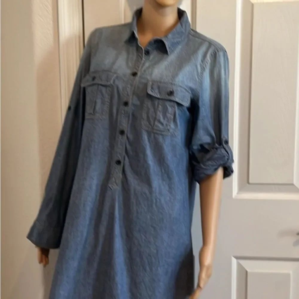 J. Crew Blue Denim Casual Button Down Dress Long Or 3/4 Roll Up Sleeve Sz Medium